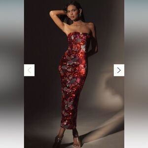 Helsi Strapless Red Sequin Dress (Leslie Strapless Sequin Sheath Midi Dress)